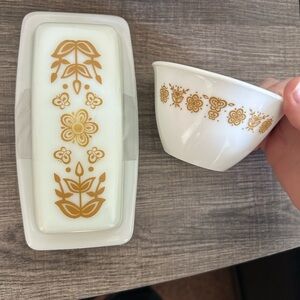 Pyrex Gold Butterfly Butter Holder & Bowl
